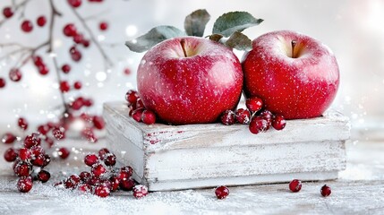 Poster -   A few apples sit atop a wooden crate brimming with cranberries and a leaf sprig