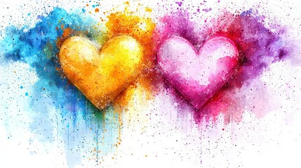 Wall Mural -   Three colored hearts on white background with a paint splash on the left side