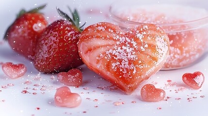 Poster -   A few strawberries are positioned next to a dish of sugar and another container of strawberries on a table