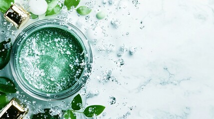 Wall Mural -   Green liquid in glass jar on marble surface surrounded by green leaves and mints with water bubbles