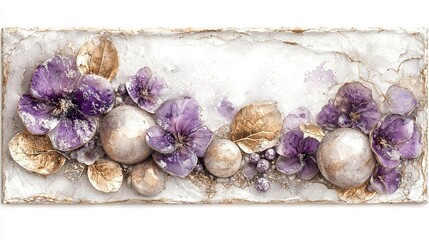 Sticker -   A painting depicts flowers against a white-purple backdrop featuring leaves and petals