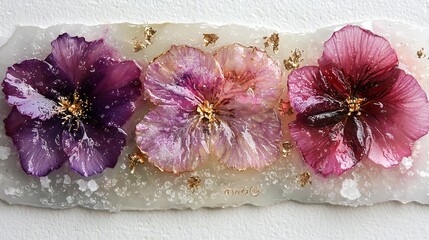   Three pink and purple flowers sit atop white paper, adorned with water droplets