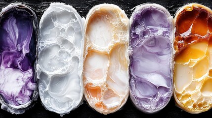 Poster -   A row of different-colored marbles sits on a black surface with water droplets on them