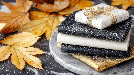 Wall Mural -   A black-and-white cookie stack sits atop a white plate, beside an autumn leaf pile