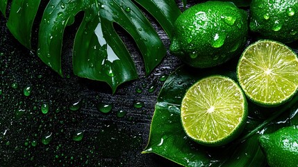 Sticker -   A group of limes on a table near a banana leaf and green plant