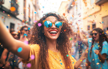 Poster - a blonde woman wearing sunglasses and a green dress, celebrating in the streets during a carnival, with confetti flying around her.