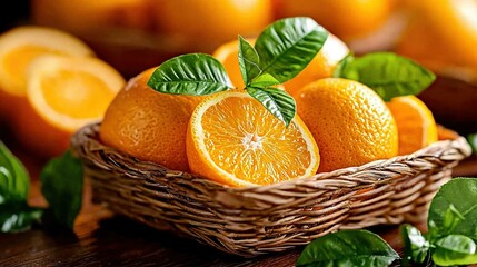 Wall Mural -   Basket with oranges on wooden table next to leafy greens