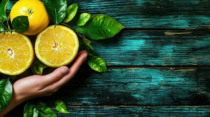 Canvas Print -   An image of a hand clutching two oranges atop a wooden table surrounded by lush greenery