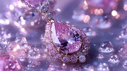 Canvas Print -   A photo of a close-up necklace with a large pink jewel in its center and smaller pink and white diamonds encirclin