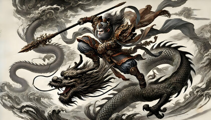 God chaina wukong ride dragon painting Chinese style