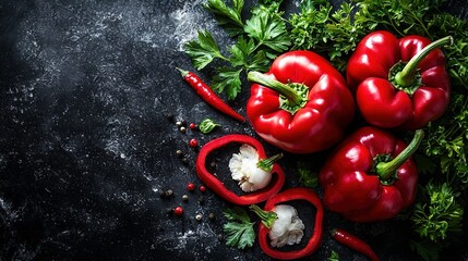 Poster -   Group of red peppers on black surface with green leaves and peppercorns nearby