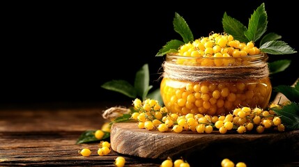 Canvas Print -   A jar brimming with golden-hued corn rests atop a wooden table surrounded by emerald leaves and a wooden board