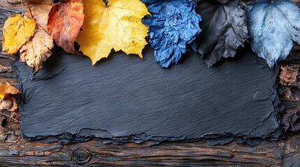 Wall Mural -   Slate atop wooden plank, encircled by foliage, concealed under black paper