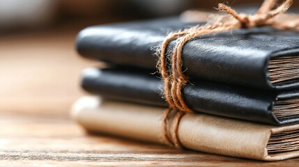 Wall Mural -   A wooden table holds a stack of black books with a book covered by rope in the background