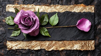 Wall Mural -   A purple rose on black paper next to a purple rose on gold foil