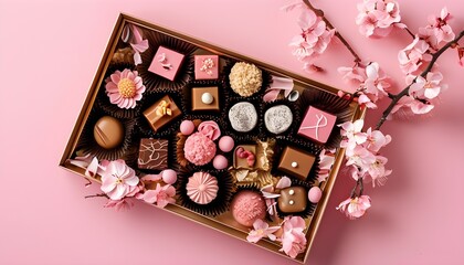 Delightful chocolate assortment on a soft pink backdrop adorned with delicate sprigs of flowers, embodying minimalistic sweetness