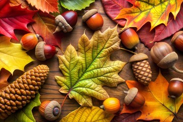 Wall Mural - Close-up of autumn leaves and acorns on wooden surface