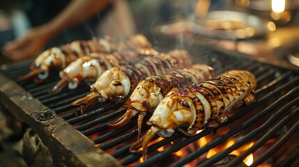 Wall Mural - street food grilled squid ready to be served