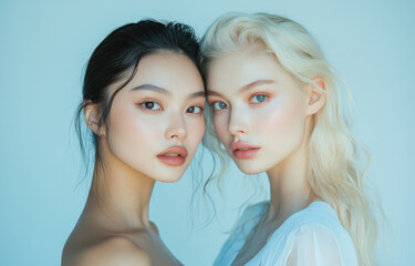 Poster - A portrait of two models, one Asian and the other white with blonde hair, both facing forward and looking at the camera