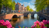 the picturesque canals of amsterdam in the netherlands, during summer, are adorned with green trees