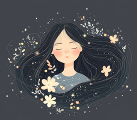 Sticker - A whimsical illustration of an adorable girl with long hair, adorned in orange and pink attire, standing amidst twinkling flowers