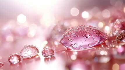   A droplet of water resting on a pink surface, with two more drops of water adjacent