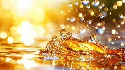 Wall Mural -   Close-up of yellow liquid splashing on water surface with soft blur background