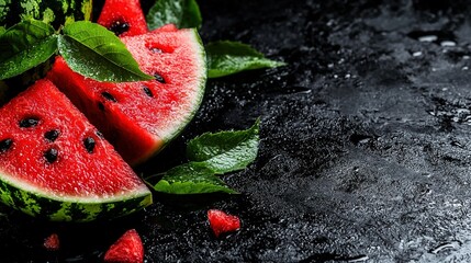 Wall Mural -   A watermelon slice with leaves on a black background, showing droplets of water