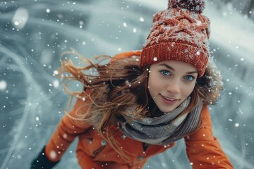 Pretty young girl in winter clothes and hat skating on ice in snowfall