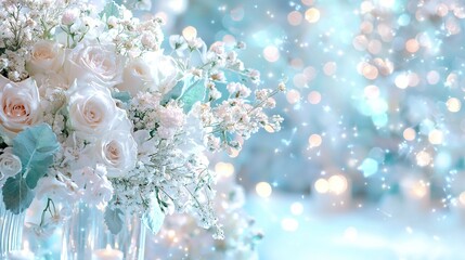   A bouquet of white and pink flowers in a clear glass vase on a well-lit table