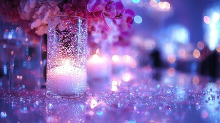 Wall Mural -    a vase of flowers on a table with a focused background and a sharp candle in the center