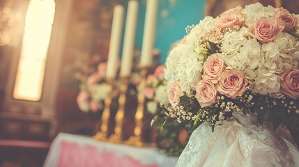 Poster -   A bouquet of flowers sits atop a table alongside a candelabra with flickering candles