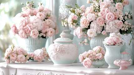 Poster -   A collection of vases brimming with pink blossoms atop a white mantel, framed by a reflective surface