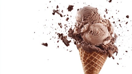 Flying scoops of chocolate ice cream bursting from a cone, frozen in midair, against a white background for a delicious explosion