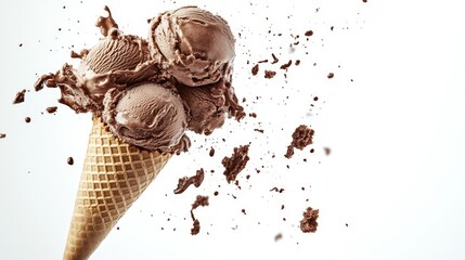 Flying scoops of chocolate ice cream bursting from a cone, frozen in midair, against a white background for a delicious explosion