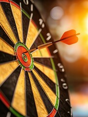 Close-up of a dart hitting the bullseye on a dartboard with a warm, glowing background. Perfect for themes of precision and accuracy.