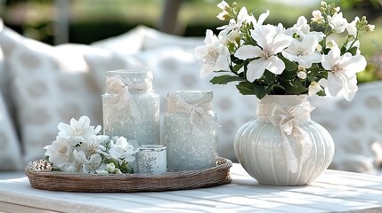 Wall Mural -   A white vase brims with white blossoms atop a table, adjacent to a woven basket bursting with white petals