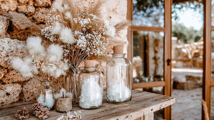 Wall Mural -   Wooden table with three glass jars containing white flowers and a pine cone beside brick wall