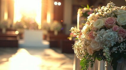   A bouquet of white and pink flowers resting atop a church pew as sunlight filters through stained-glass windows