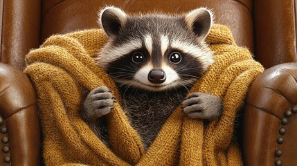 Sticker -   A raccoon draped in a blanket sits in a chair with its paws on the backrest