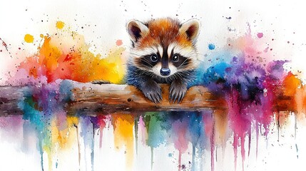   Raccoon on branch with colorful background splatters