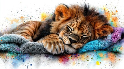 Wall Mural -   A lion dozes on a blanket with its eyes shut, head resting atop a plush toy