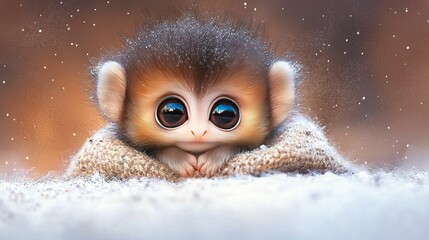 Wall Mural -   A baby monkey with big eyes, peeks out from under a snowy blanket