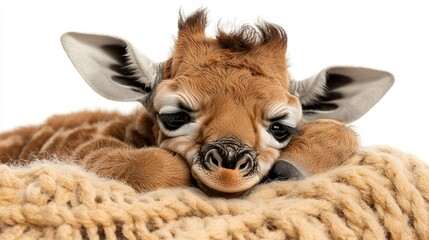 Sticker -   Giraffe lying on a blanket with its head resting on a pillow