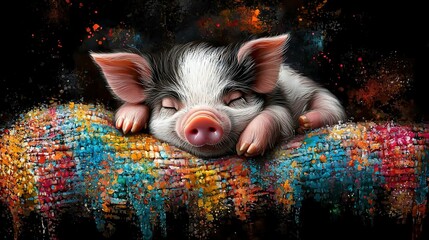 Wall Mural -   A pig sleeps peacefully on a vibrant blanket, with its eyes shut and head propped on a cushion