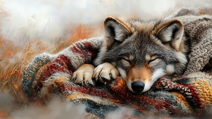 Wall Mural -   Close-up of wolf on blanket with eyes closed and head resting