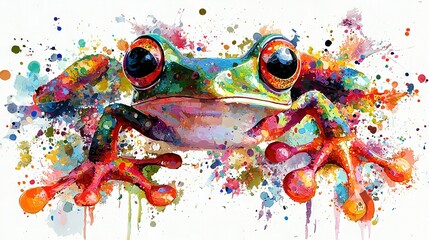 Sticker -   A watercolor painting of a frog's face with a splash of paint across its body is a beautiful piece of art The frog's face is painted in soft, bl