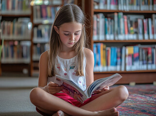 Poster - A young girl reading a book in a library, a schoolgirl sitting on the floor and holding an open magazine while looking at the pages