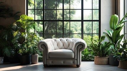 Luxurious reading nook featuring a tufted Chesterfield armchair, house plants, and large windows overlooking a sunlit garden