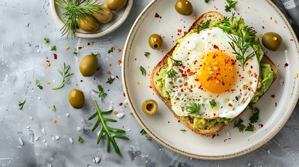 Sticker - Top view of a healthy breakfast on kitchen table with avocado toast with fried egg served in a plate with green olives and himalayan salt